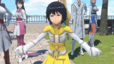 a girl in a yellow dress is standing in front of a group of people and says to victory