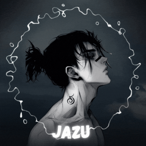 a black and white drawing of a man with the name jazu above him