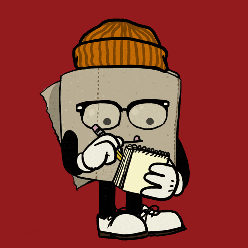 a cartoon character wearing glasses and a beanie is holding a notebook and a pencil