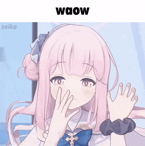 a picture of a girl with pink hair and the word waow on top