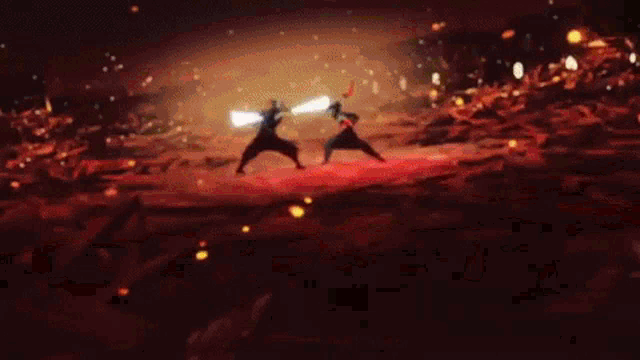 two men are fighting with swords in a video game .