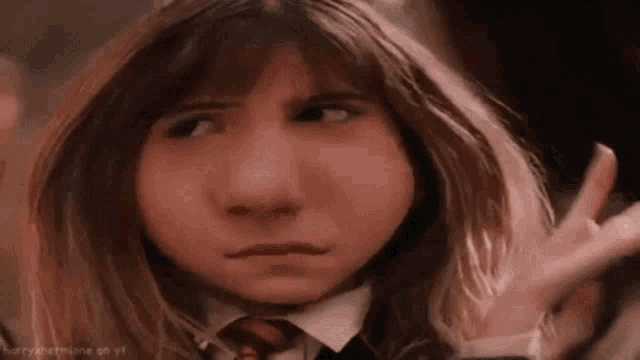 hermione granger from harry potter is making a funny face with her hair blowing in the wind .