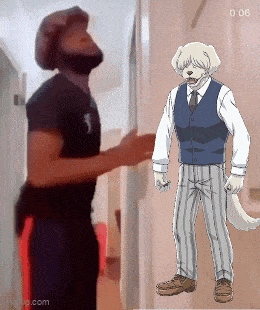 a man with a beard is standing next to a picture of a dog in a suit and tie