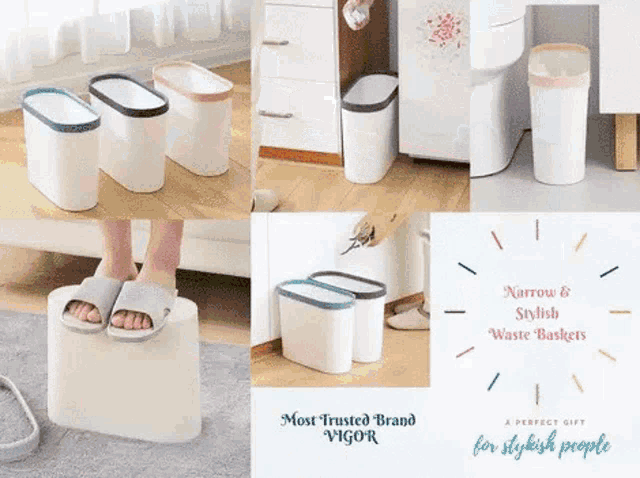 a collage of images with the words narrow & stylish waste baskets on the bottom