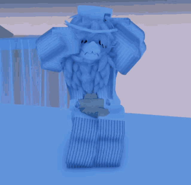 a cartoon character is standing in the snow wearing striped socks and a sweater
