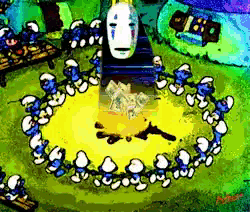 a group of smurfs are gathered around a fire with a face in the background