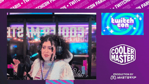 a woman wearing headphones stands in front of a cooler master sign