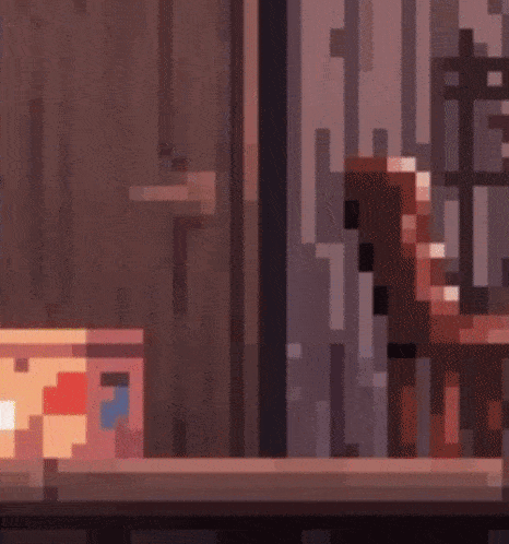 a pixel art of a person in a yellow shirt and red shorts standing next to a box .