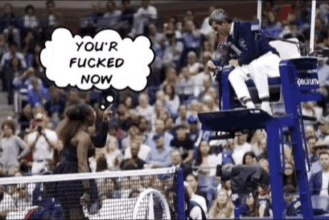 a referee is sitting in a chair with a speech bubble that says you 'r fucked now