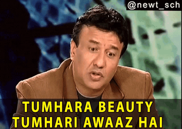 a man in a brown jacket says tumhara beauty tumhari awaaz hai