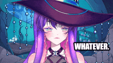 a girl with purple hair is wearing a witch hat and the word whatever is on the bottom right
