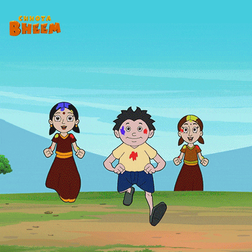 a cartoon of a boy and two girls with chhota bheem written on the bottom