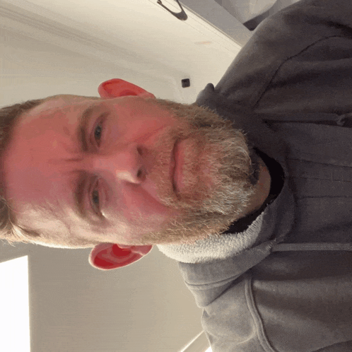 a man with a beard wearing a grey sweatshirt
