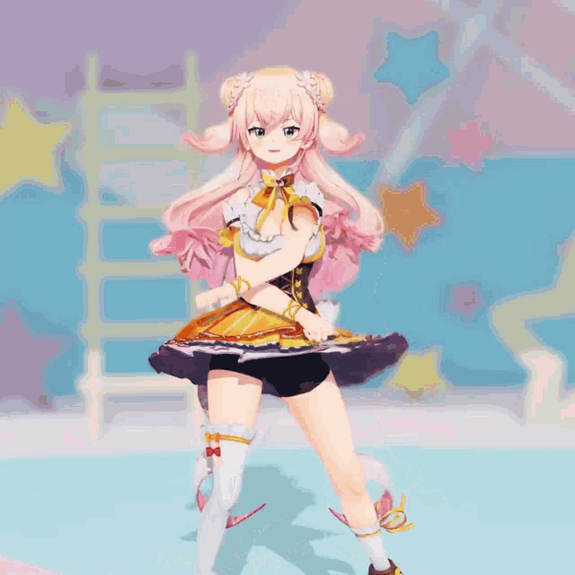 a girl in a pink and yellow dress is dancing