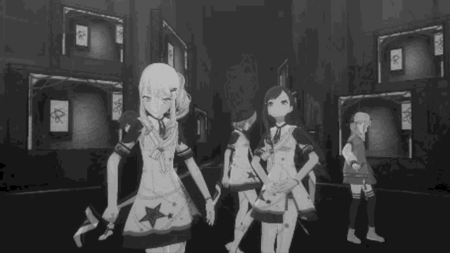 a group of anime girls standing next to each other in a black and white photo .