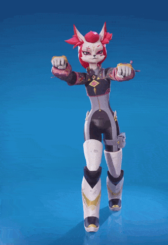 a cartoon character with a pink hair and a white tail is walking on a blue background