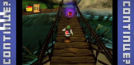 shrek runs across a wooden bridge in a video game with the number 03 in the background
