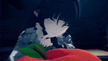 a girl with black hair is sitting next to a large red apple