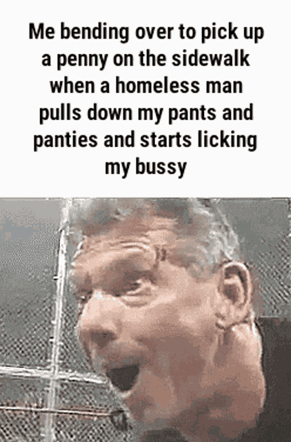 a man is bending over to pick up a penny on the sidewalk while a homeless man pulls down his pants and panties