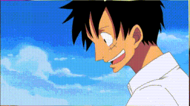 monkey d luffy from one piece is smiling with a blue sky in the background