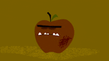 a cartoon drawing of an apple with a scar on it
