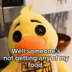 a stuffed duck with the words well someone 's not getting any of my food written on it