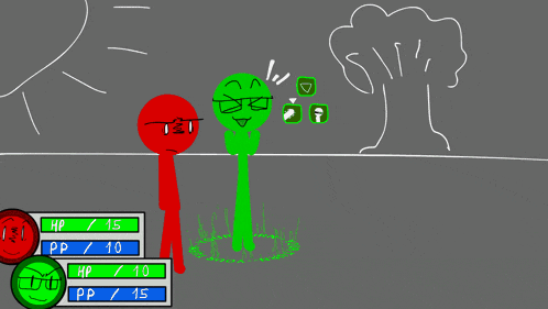 a red stick figure and a green stick figure are standing next to each other in a game