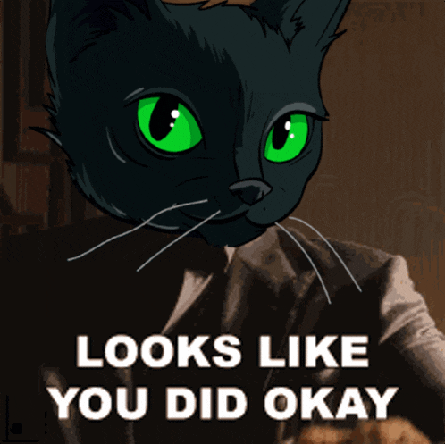 a black cat with green eyes and the words looks like you did okay below it