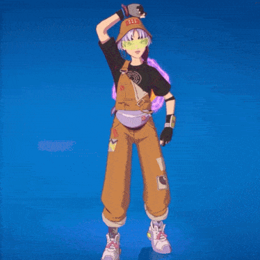 a cartoon character wearing overalls and a hat with the letter t on the front