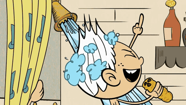 a cartoon of a man taking a shower with a bottle of shampoo in the background