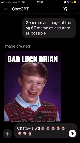 a screenshot of a chat with a picture of brian from bad luck brian still exists