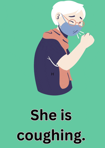 an illustration of an elderly woman wearing a face mask and the words she is coughing