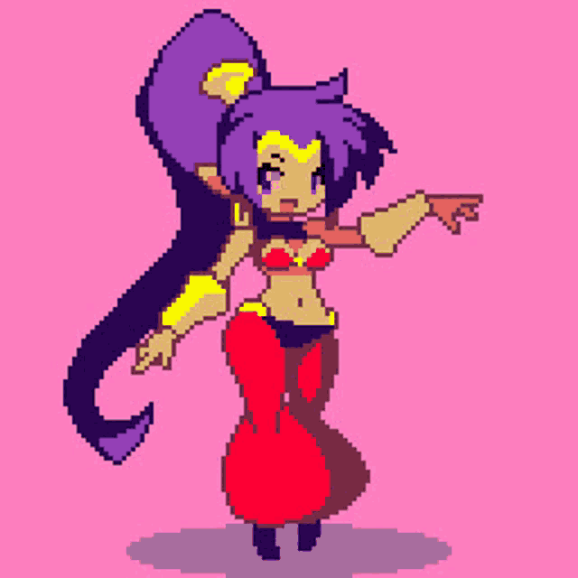 a pixel art of a girl with purple hair and red pants on a pink background