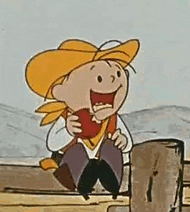 a cartoon boy in a cowboy hat is sitting on a wooden fence eating an apple .