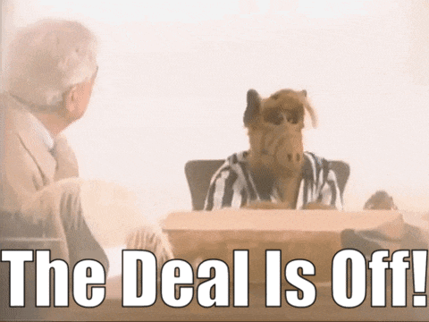 a cartoon character sitting at a table with the words the deal is off