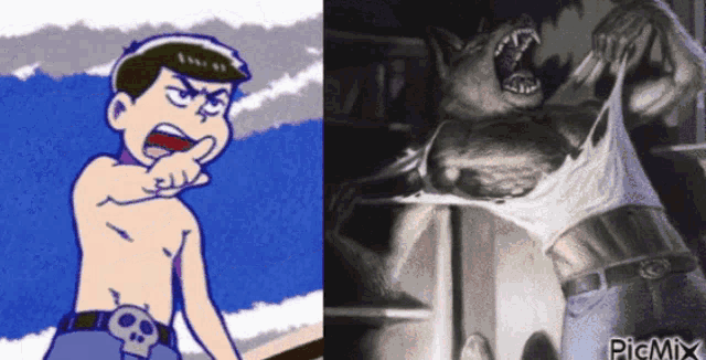 a picture of a shirtless boy next to a picture of a werewolf with picmix written on the bottom