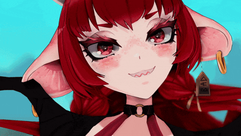 a close up of a red haired anime character with a tag that says read on it