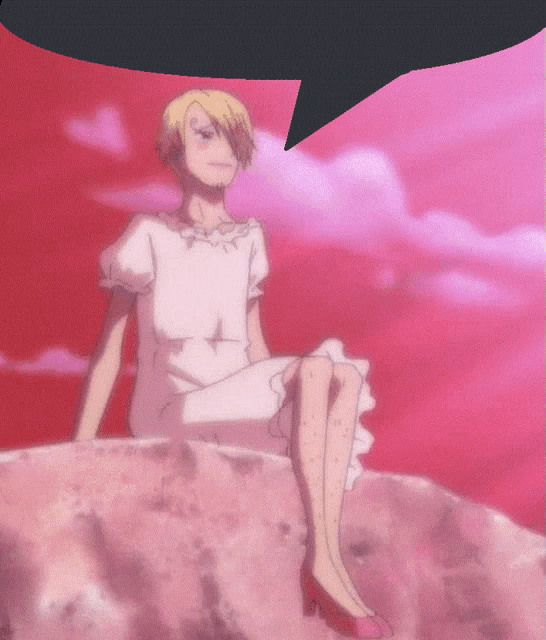 a woman in a white dress is sitting on a rock with a speech bubble above her head