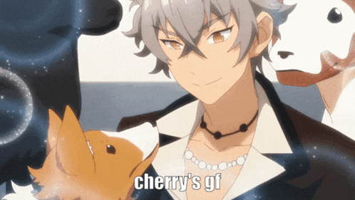 a man holding a dog with the words cherry 's gf written below him