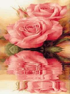 a painting of two pink roses is reflected in water
