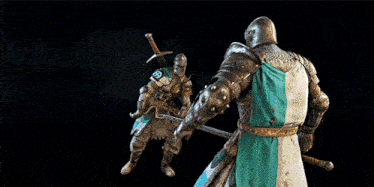 a knight with a sword is fighting another knight with a sword in a video game