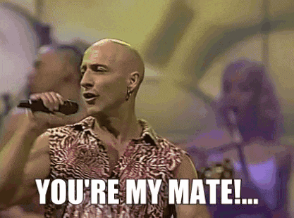 a bald man singing into a microphone with the words `` you 're my mate '' written on the screen .