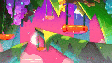 a colorful cartoon scene with swings hanging from the ceiling