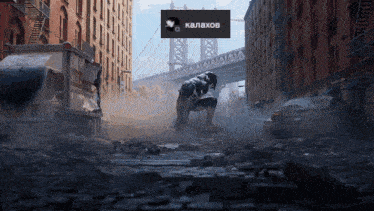 a man is kneeling down in a city with a sign that says kalaxov above him