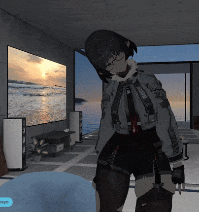 a video game character is standing in front of a large screen with a sunset in the background