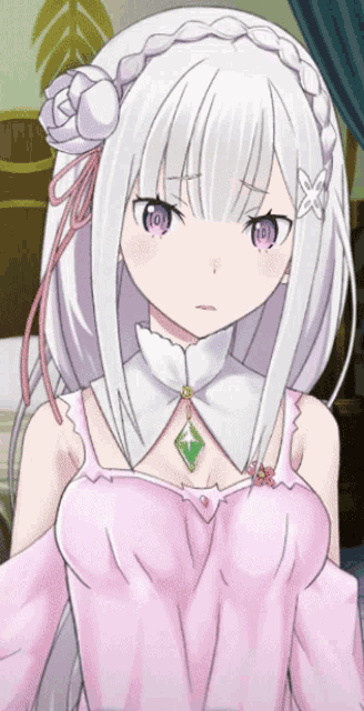 a girl with white hair and purple eyes is wearing a pink shirt