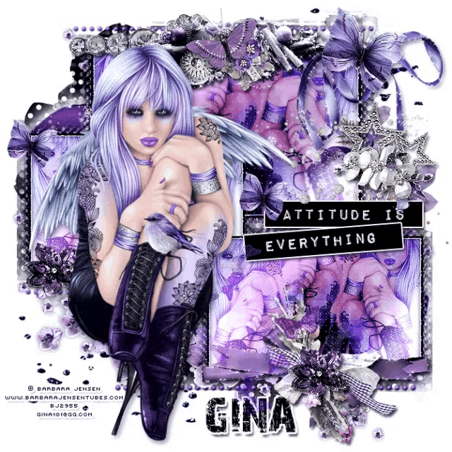 a girl with purple hair is surrounded by purple flowers and says gina