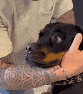 a man with tattoos on his arm is holding a dog