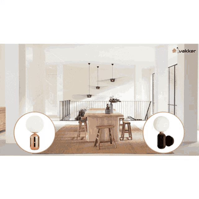 an advertisement for vakker lighting shows a dining room