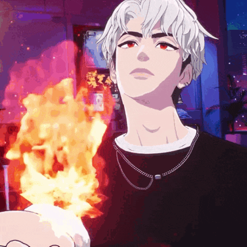 a man with white hair and red eyes is holding a flame in his hand
